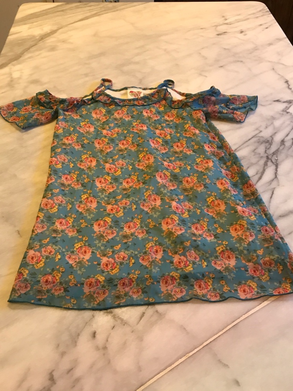 Girls' Teal Floral Cold-Shoulder Casual Dress